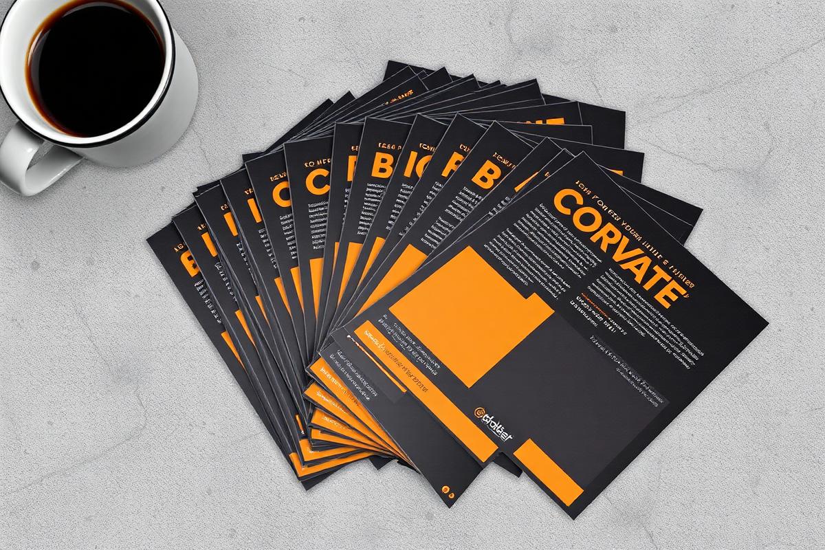Printed black and orange A5 flyers fanned out on a table